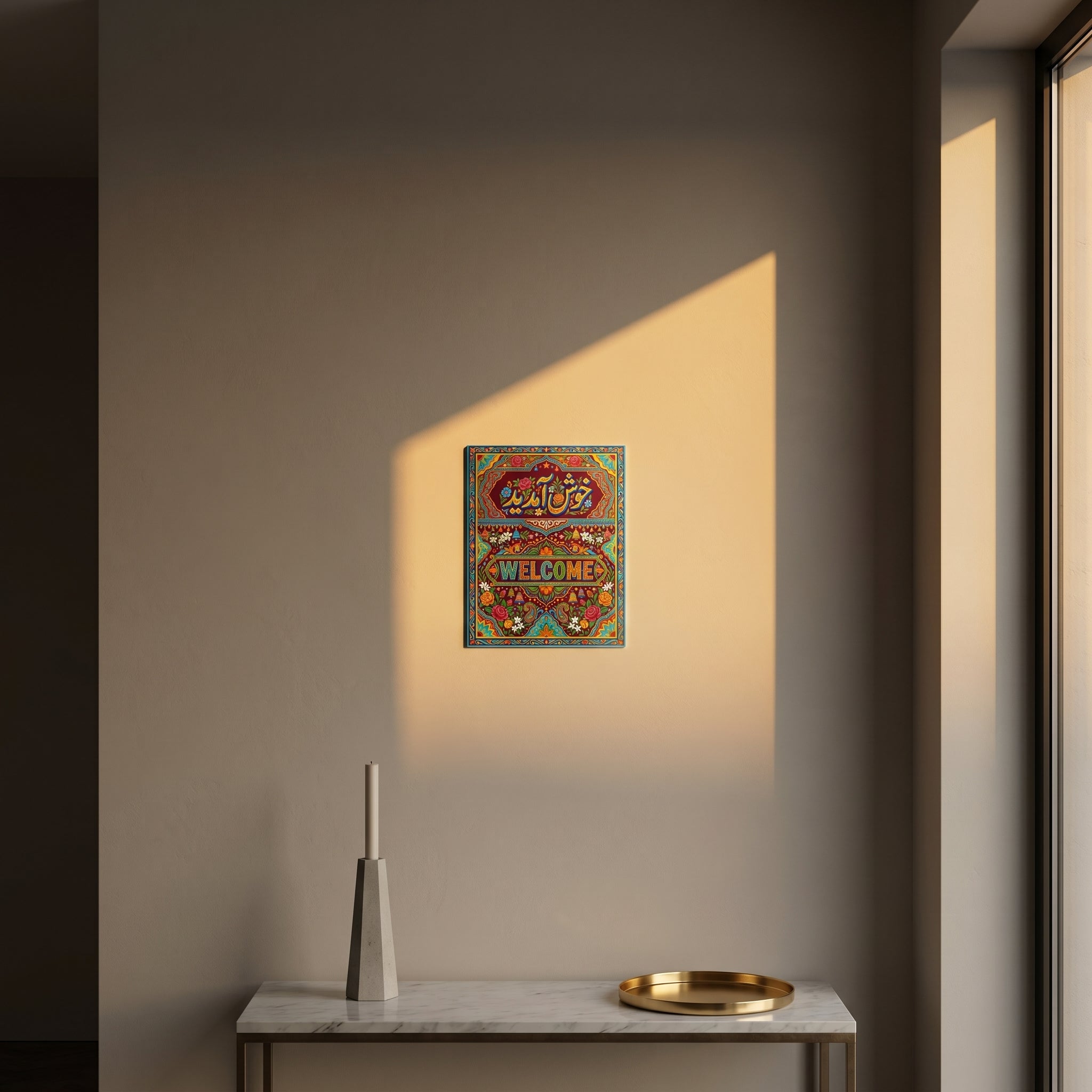 "Premium Urdu greeting wall art print catching dramatic golden afternoon window sunlight above a sleek modern console table."
