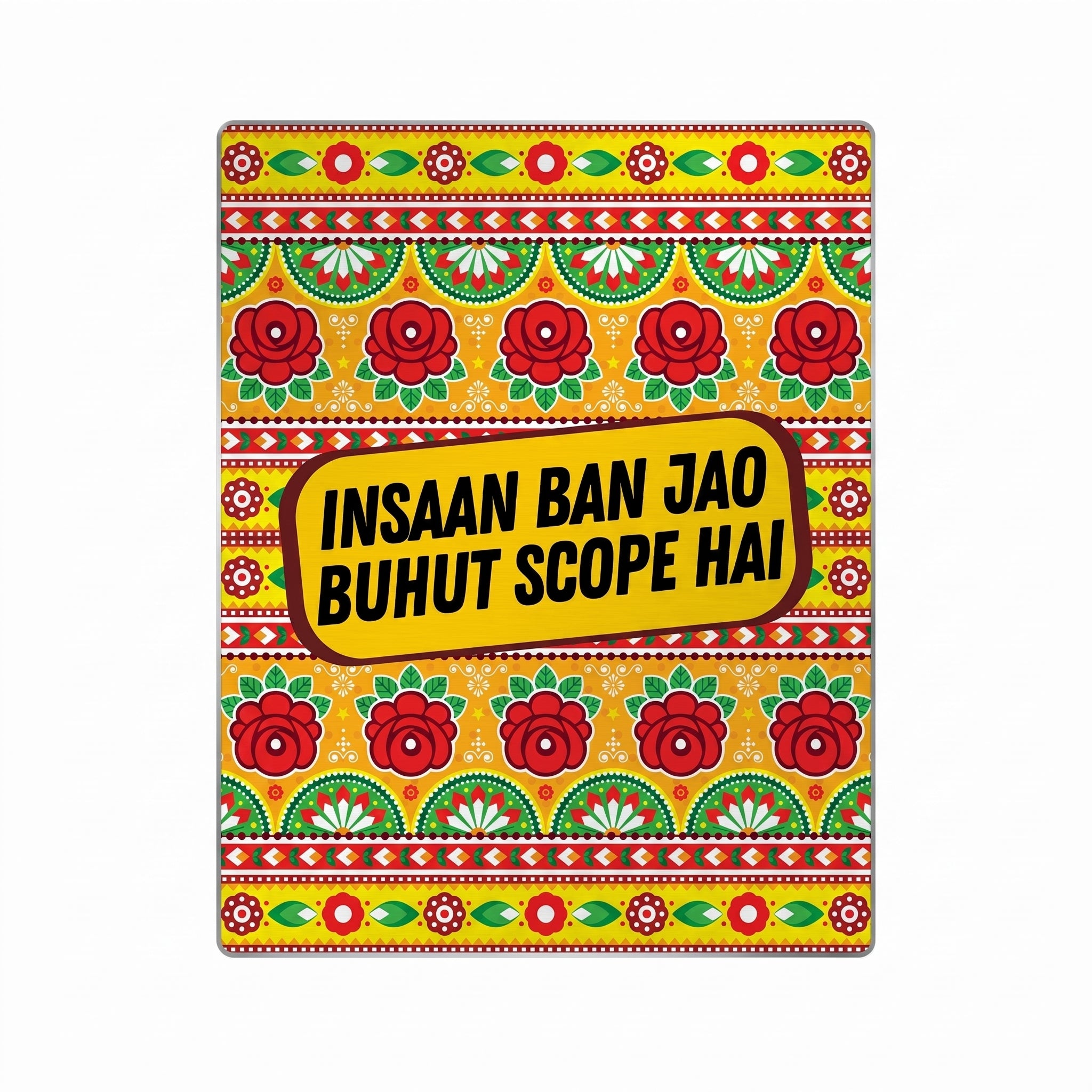 Premium close-up view of a matte Pakistani truck art design showing crisp text lines and deep red rose patterns on a yellow background