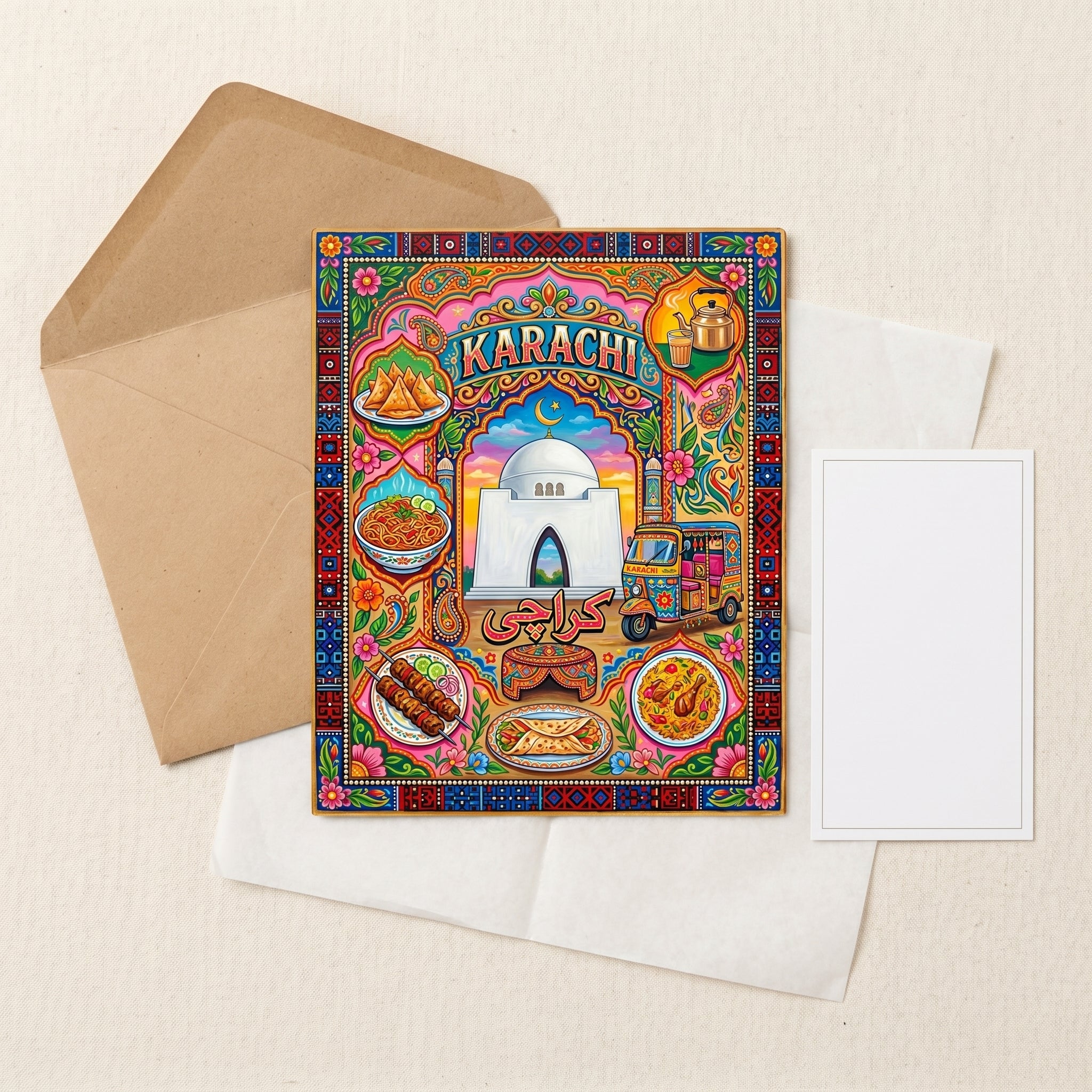 Vibrant South Asian heritage room decor print catching warm light above a wooden nightstand in a moody dark-walled bedroom.