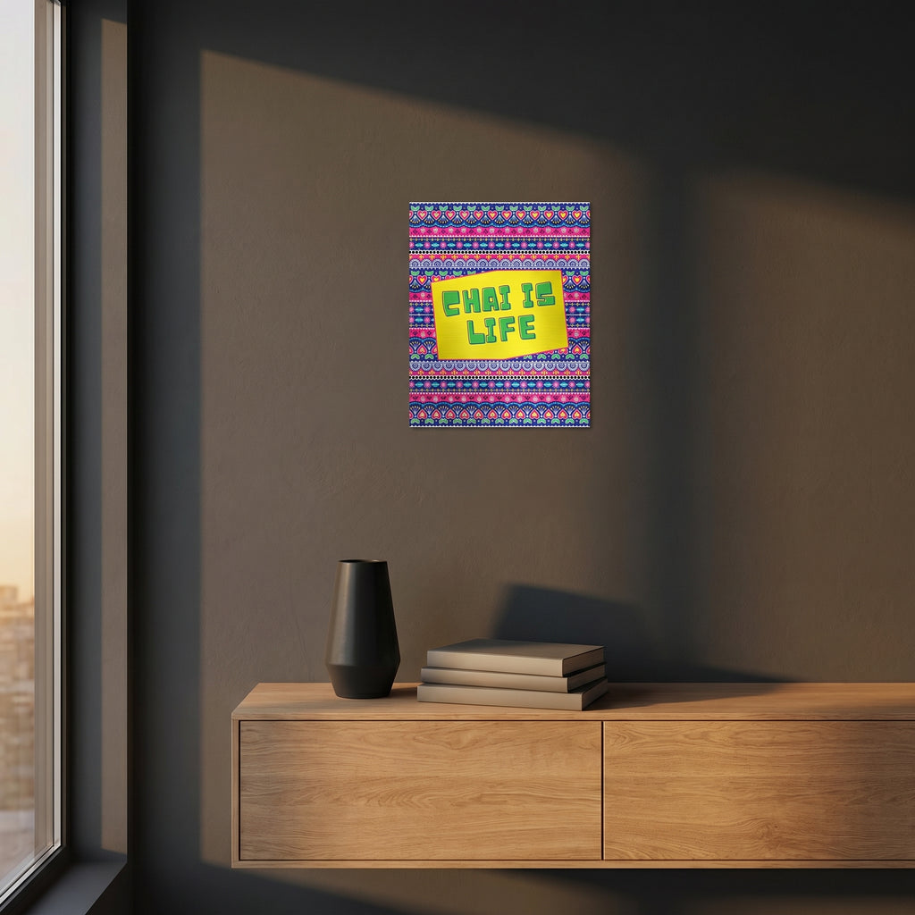  The Chai Is Life artwork styled inside a premium frame in the console table mockup with dramatic golden afternoon window sunlight.
