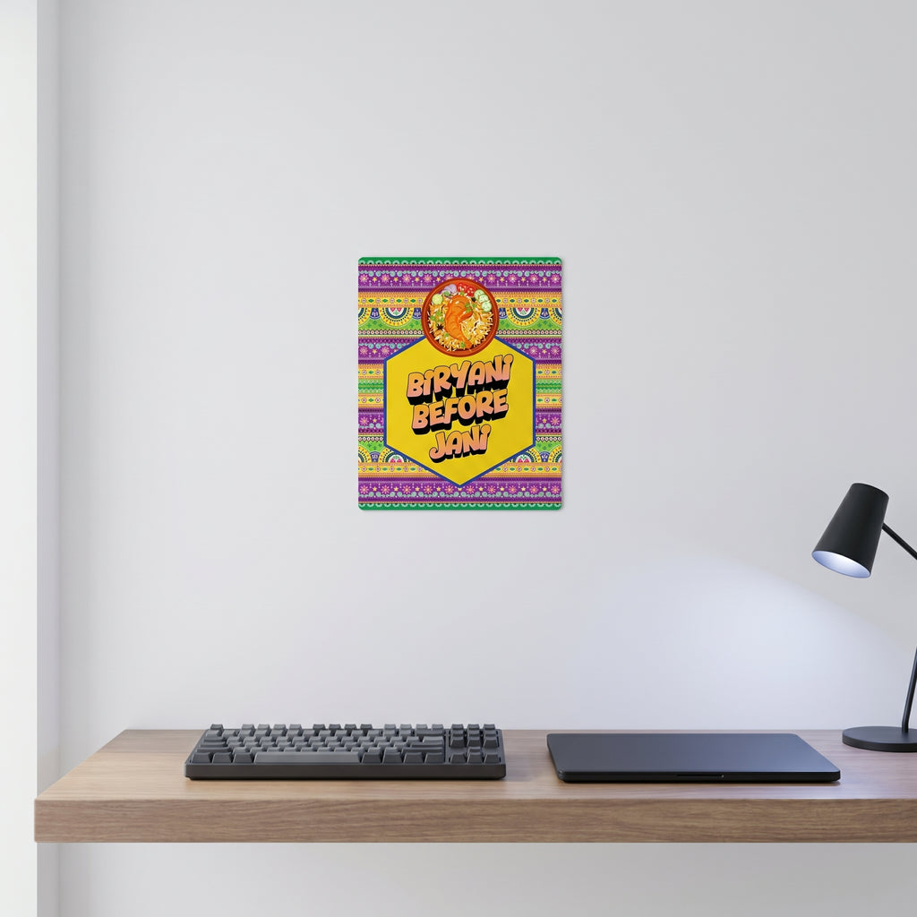 Traditional style Pakistani food culture art print displayed on a crisp white wall behind a minimalist home office desk setup.

