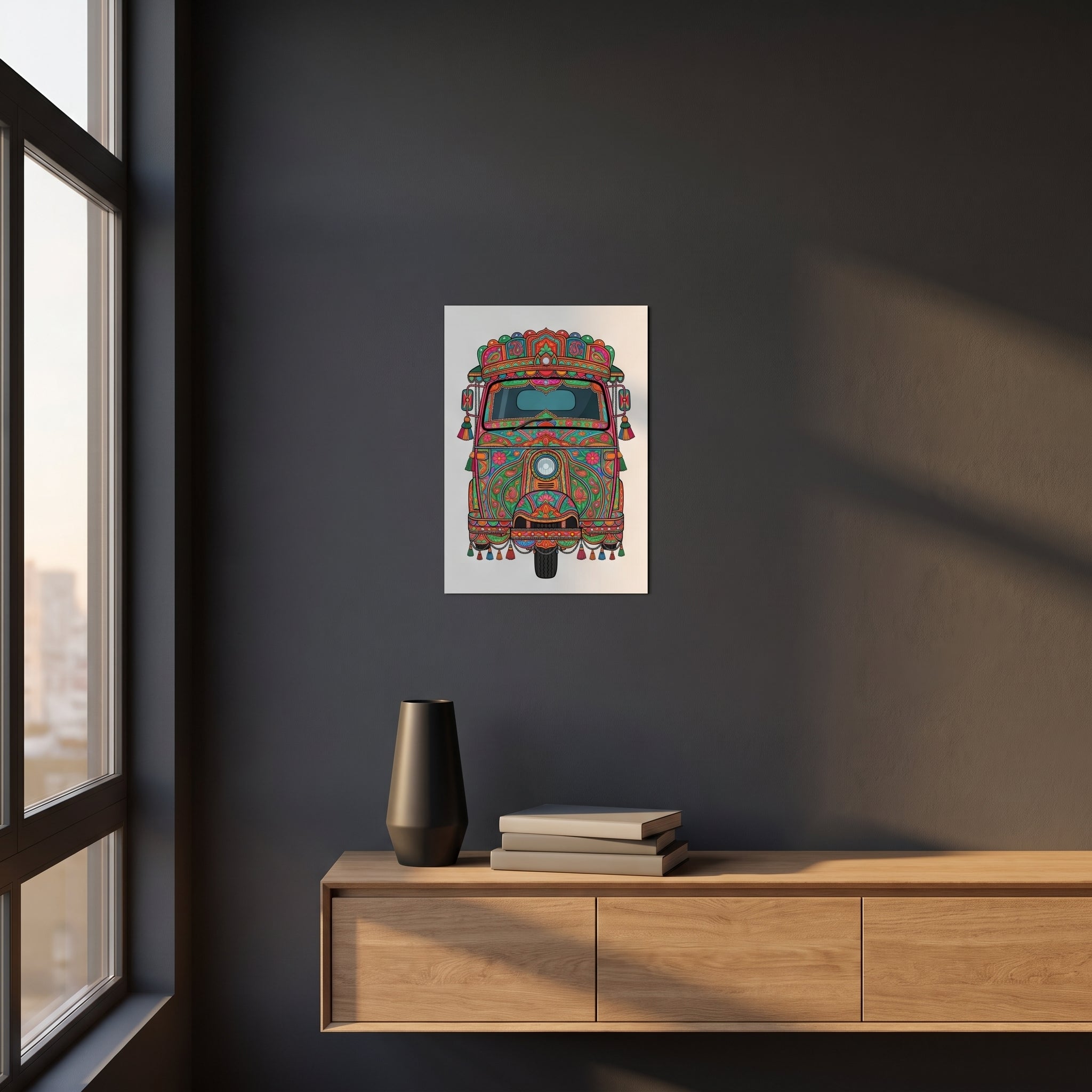 Traditional style South Asian vehicle illustration print displayed on a dark charcoal grey accent wall over a sleek wooden console floating cabinet.
