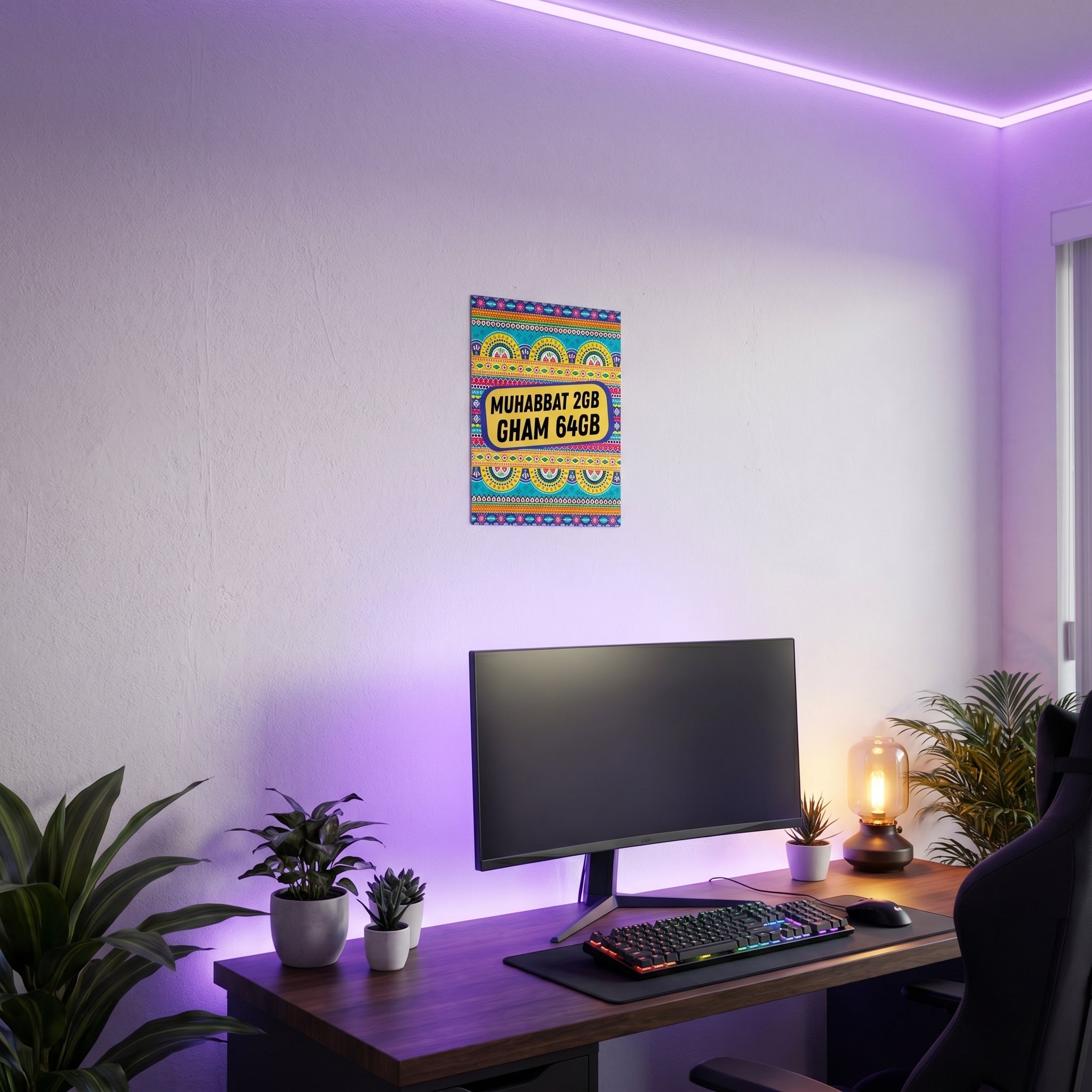 Trendy Desi typography art print mounted in a moody PC gaming room setup illuminated by custom purple and blue ambient LED lights.