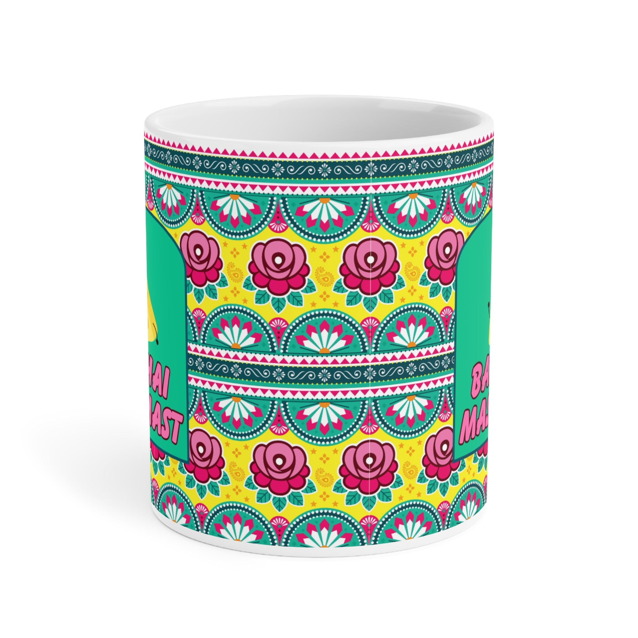 Tu Cheez Bari Hai Mast Mast ceramic mug 11oz with Bollywood-inspired design.
Perfect for tea and coffee lovers who enjoy fun desi quotes daily.
Durable ceramic with vibrant, scratch-resistant print for long-lasting use.
Microwave safe and dishwasher safe for reheating and easy cleaning.
Large comfortable handle makes chai or coffee sipping effortless.
A quirky and nostalgic gift for Bollywood fans, friends, or coworkers.
Adds music, fun, and cultural vibes to every tea or coffee break.