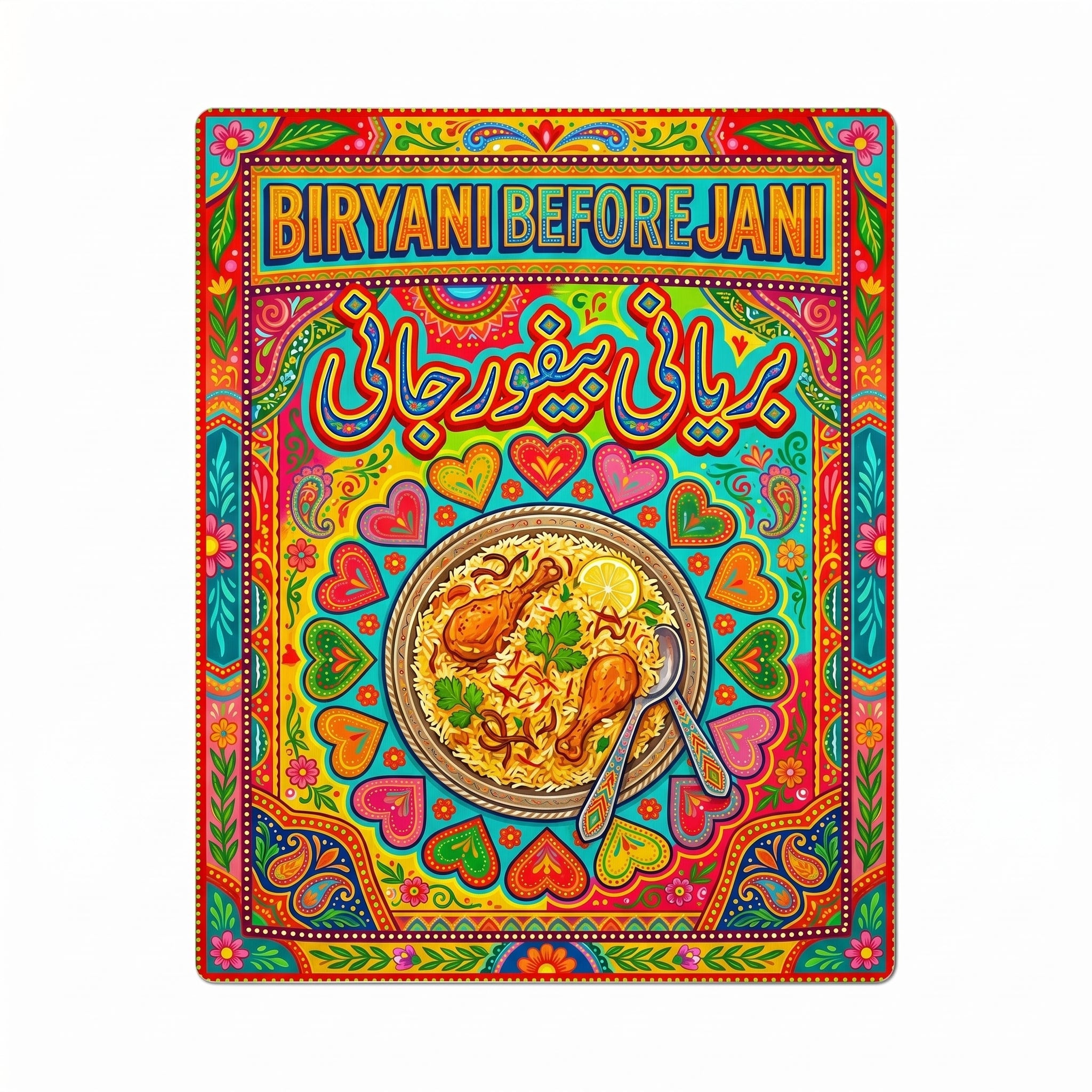 Vibrant Biryani Before Jani Pakistani truck art poster featuring detailed chicken biryani illustration and colorful Urdu typography
