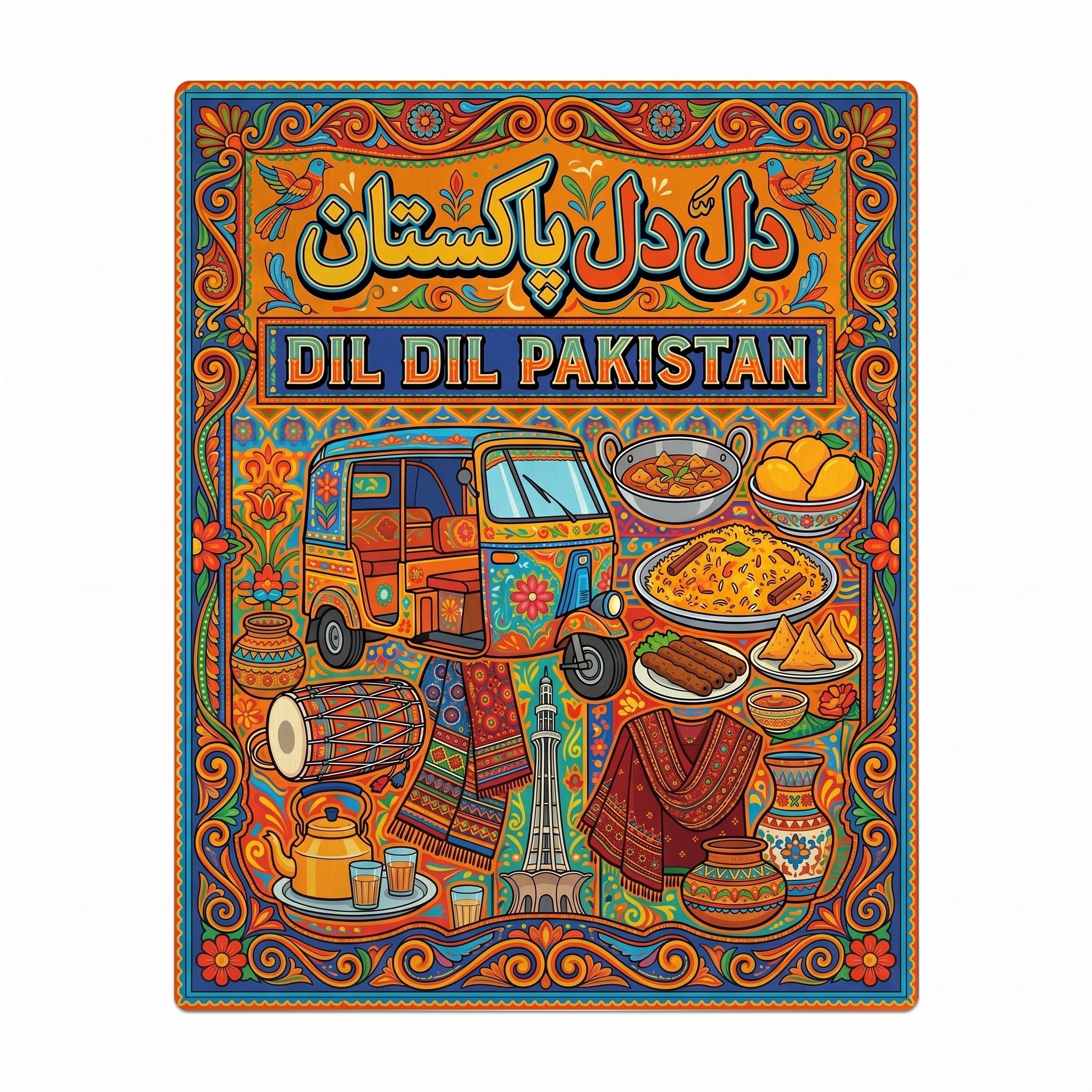 "Vibrant Dil Dil Pakistan traditional truck art poster featuring detailed rickshaw, biryani illustration, and colorful Urdu typography."

