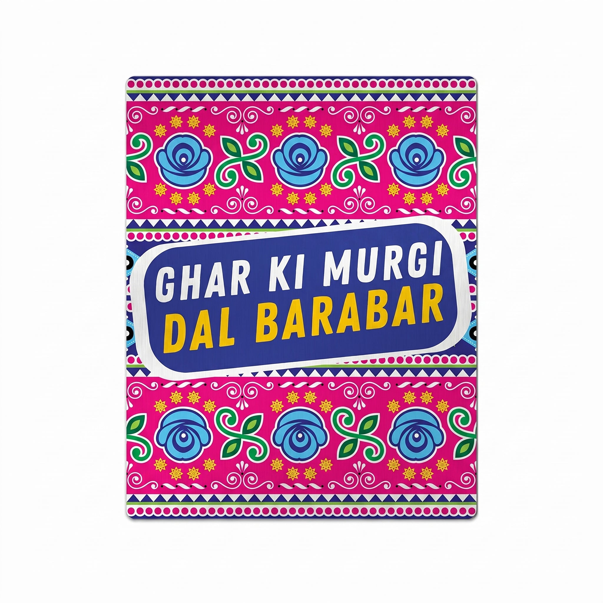 "Vibrant Ghar Ki Murgi Dal Barabar funny proverb poster featuring detailed roaring tiger illustration, fuchsia pink banner, and South Asian