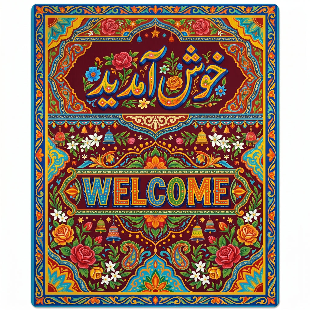 "Vibrant Khush Aamdeed Urdu welcome poster featuring detailed Pakistani truck art patterns, red roses, and colorful typography on a deep maroon background."

