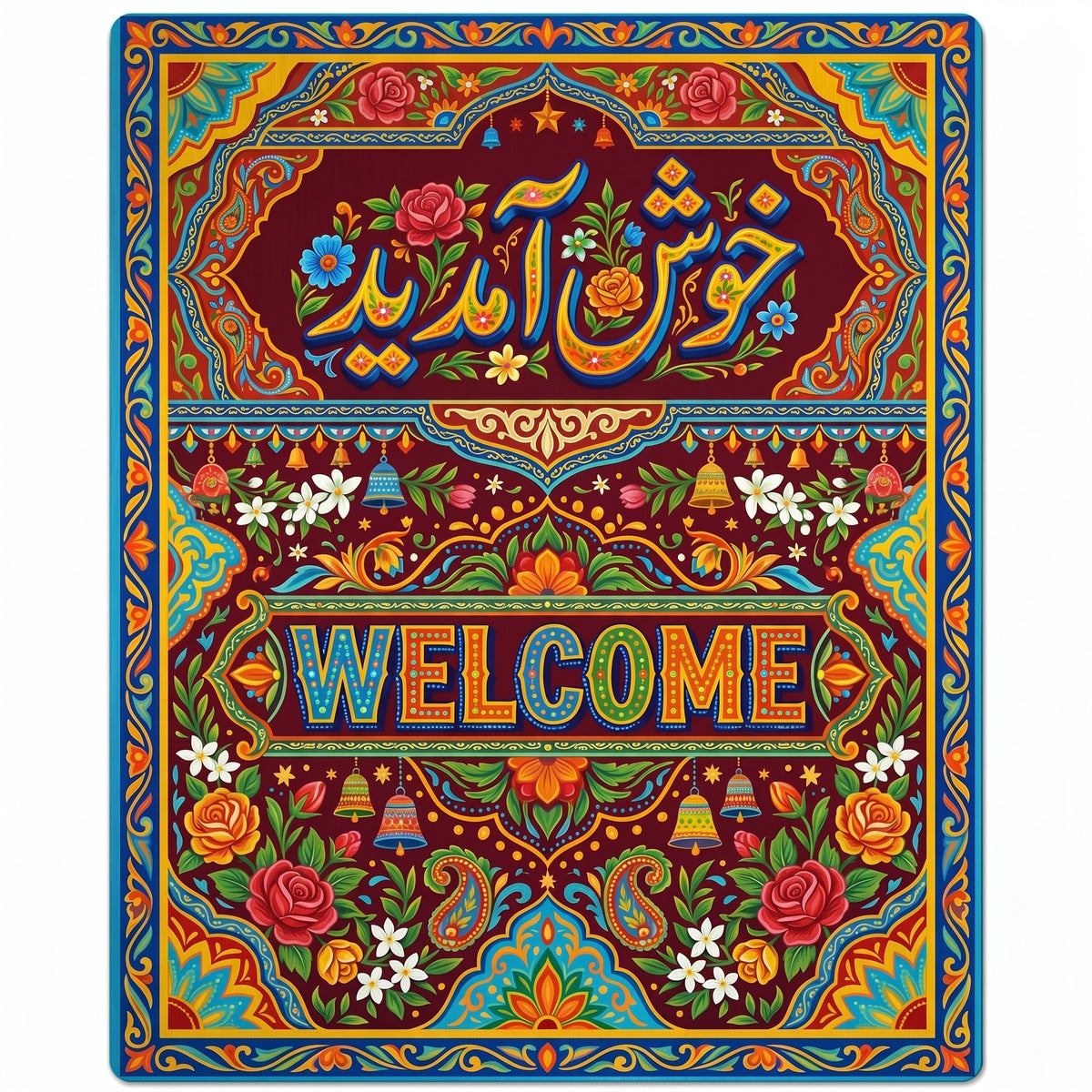 "Vibrant Khush Aamdeed Urdu welcome poster featuring detailed Pakistani truck art patterns, red roses, and colorful typography on a deep maroon background."

