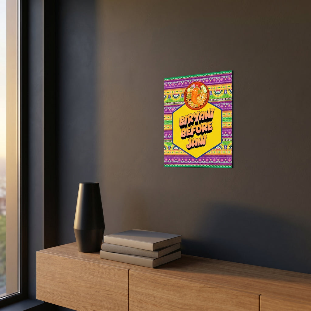 Vibrant South Asian food statement sign styled on a dark grey accent wall over a modern wooden sideboard cabinet.