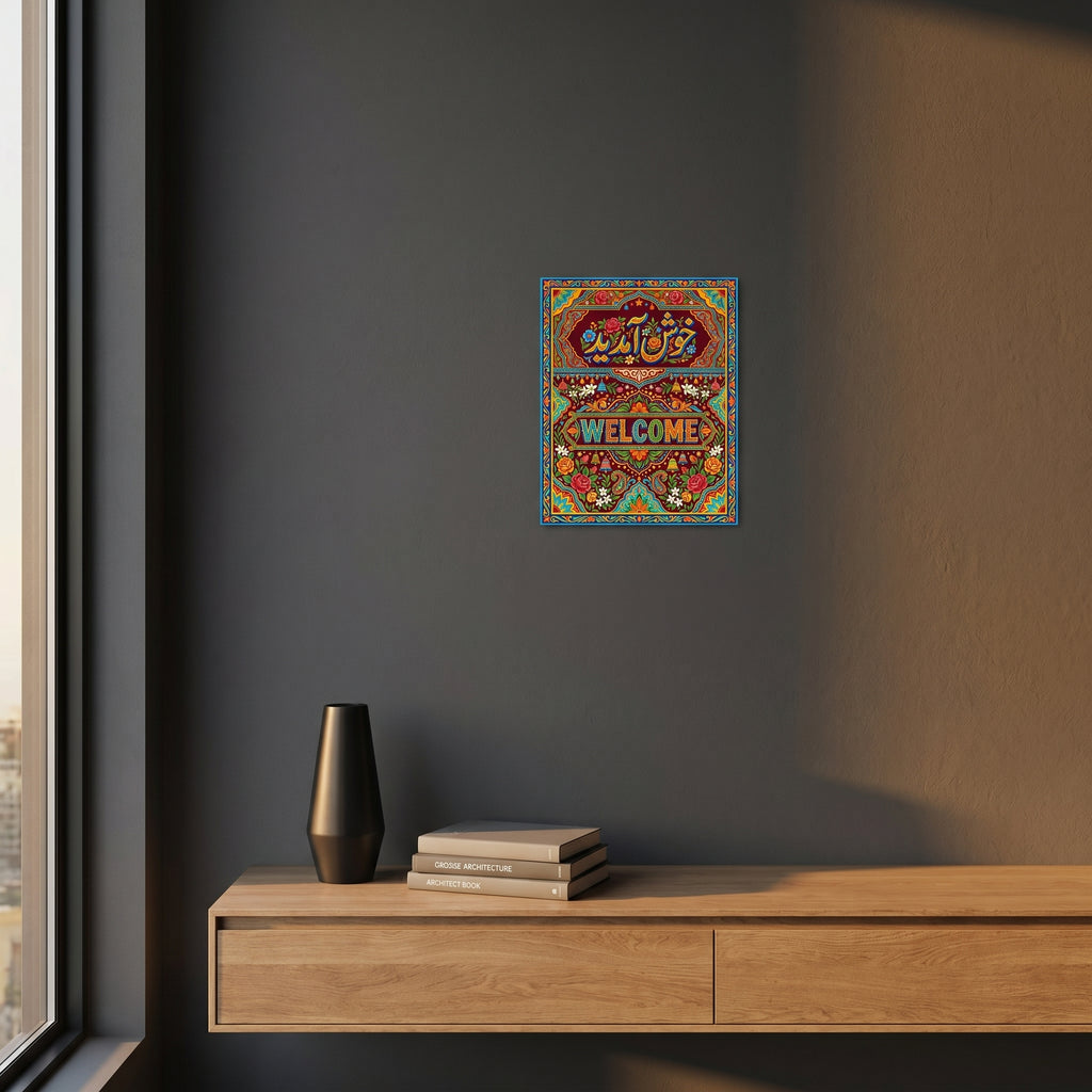 "Vibrant South Asian hospitality decor poster styled beautifully on a dark grey accent wall over a modern wooden sideboard cabinet."
