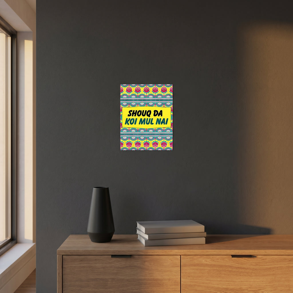 Vibrant South Asian statement aluminum sign styled on a dark grey accent wall over a modern wooden sideboard cabinet.