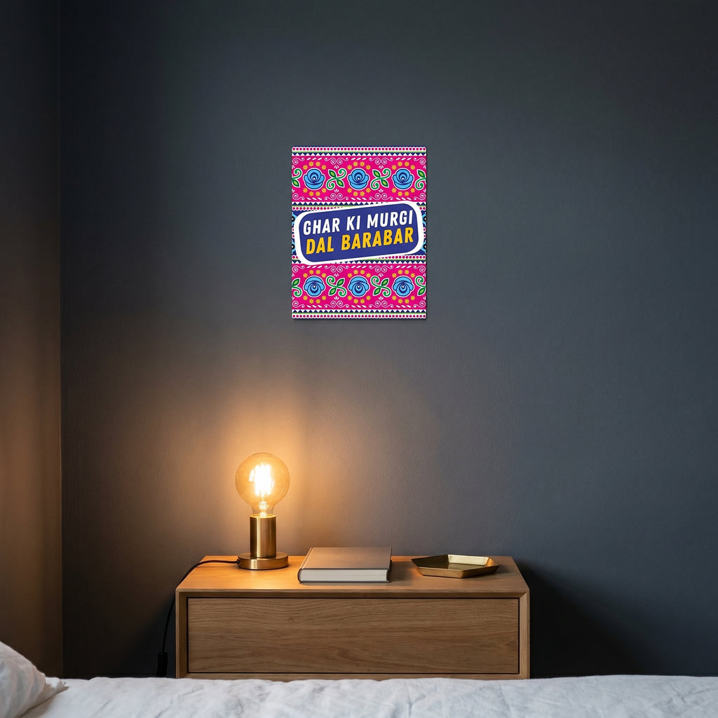 "Vibrant pink and teal truck art tiger room decor print hanging under warm ambient lamp light above a contemporary nightstand."
