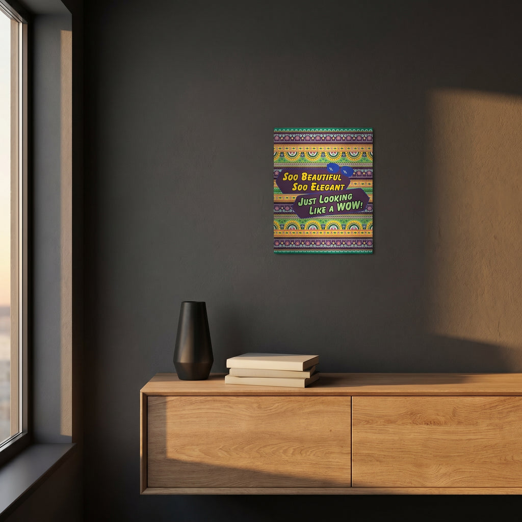 Vibrant pop art typography print catching warm ambient light from a lamp above a modern bedroom nightstand setup.