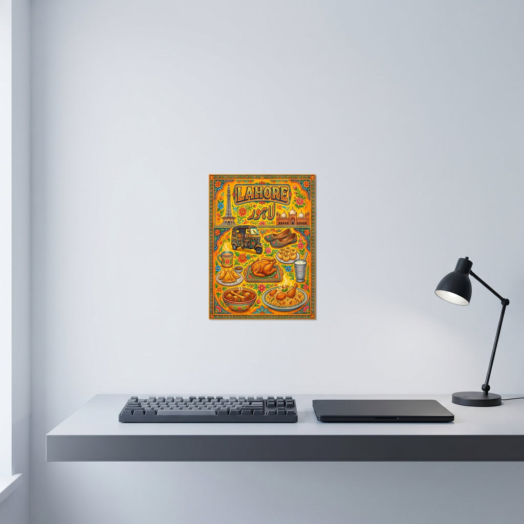 Vibrant premium Lahore Pakistani truck art poster showing food street delicacies styled beautifully on an off-white minimalist home office wall.