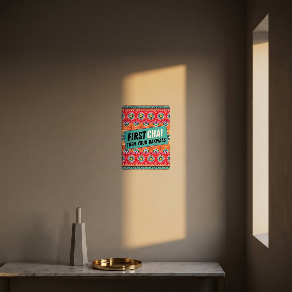 "Premium South Asian pop art print catching dramatic afternoon window sunlight above a sleek modern console table."
