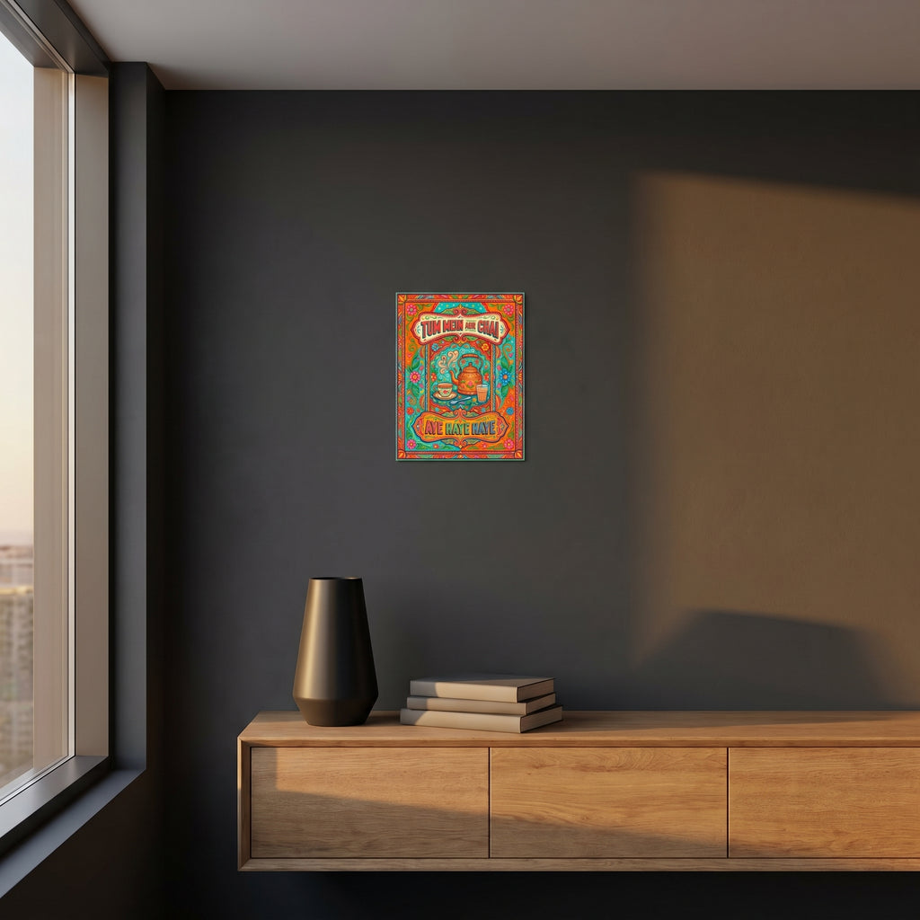 Vibrant romantic tea lover decor poster styled beautifully on a dark grey accent wall over a modern wooden sideboard cabinet.
