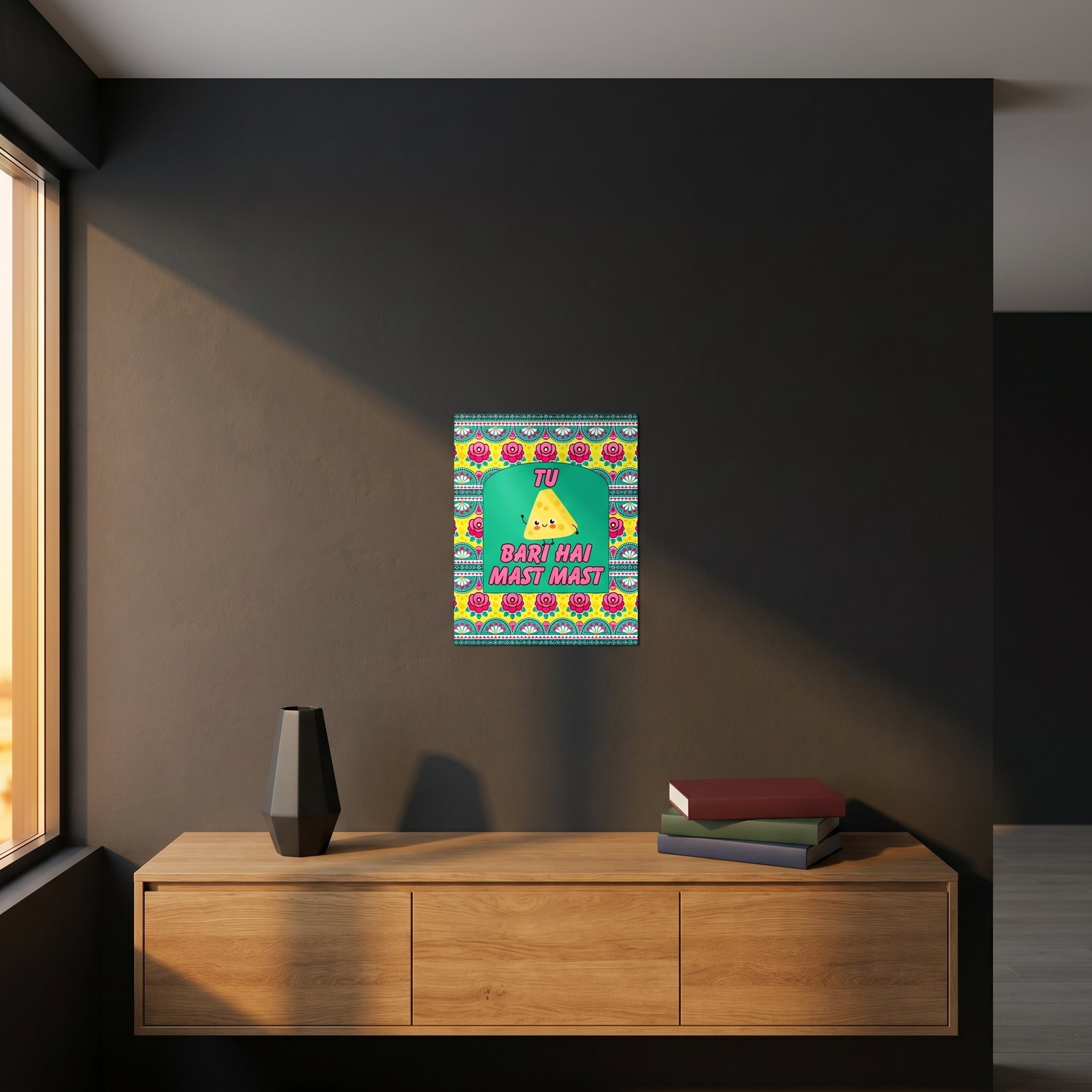 Vibrant South Asian statement aluminum sign styled on a dark grey accent wall over a modern wooden sideboard cabinet.