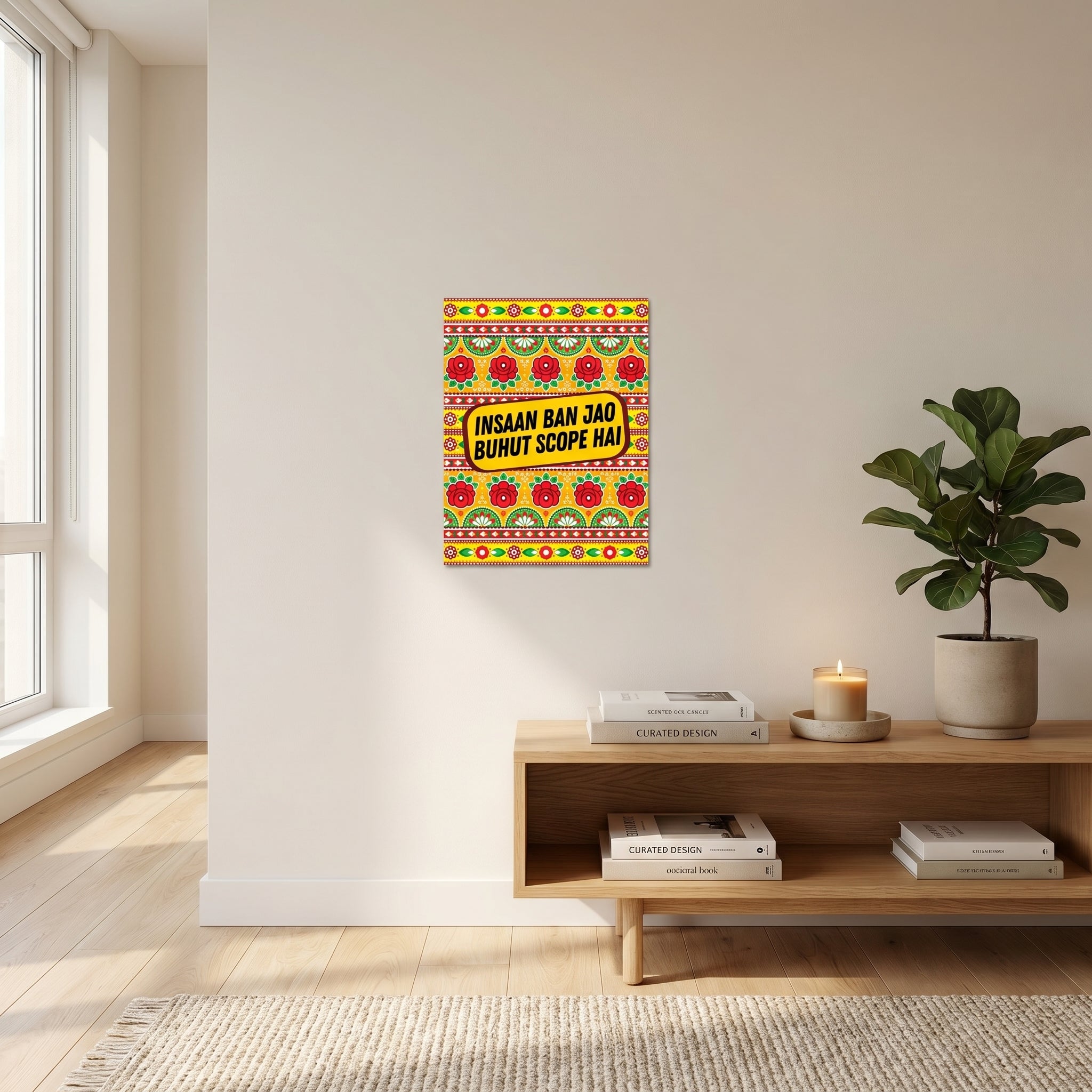 A clean lifestyle gallery setup showcasing the Insaan Ban Jao art print hanging symmetrically on an off-white wall next to a houseplant
